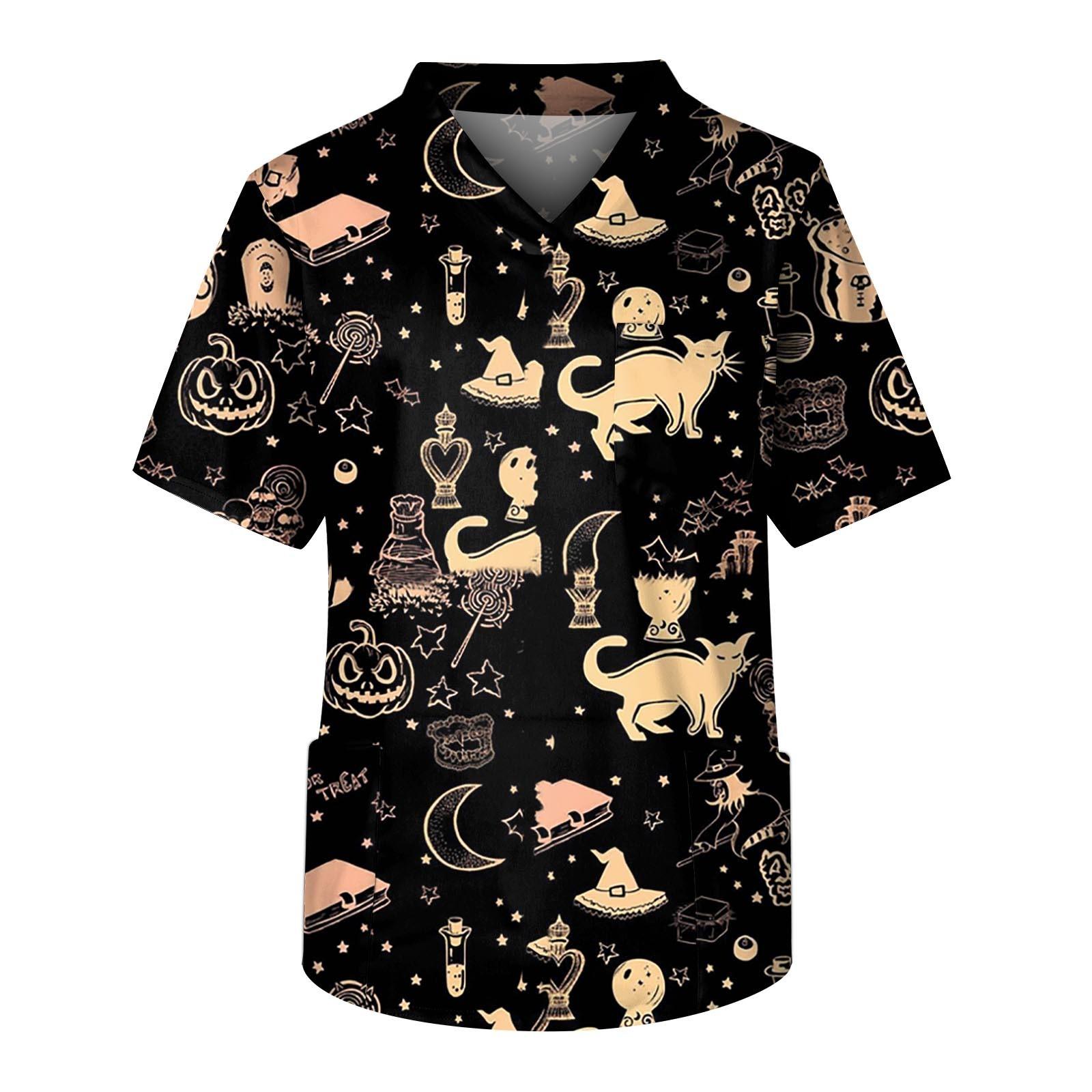 

Men s Halloween Printing Short Sleeve V-neck Tops Working Pocket BlouseHalloween S