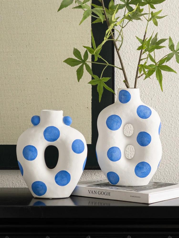 Matte Ceramic Vase Blue Hand Painted Floral Decoration Flower Arrangement Living Room Dining Countertop Vase Ceramic Handicrafts