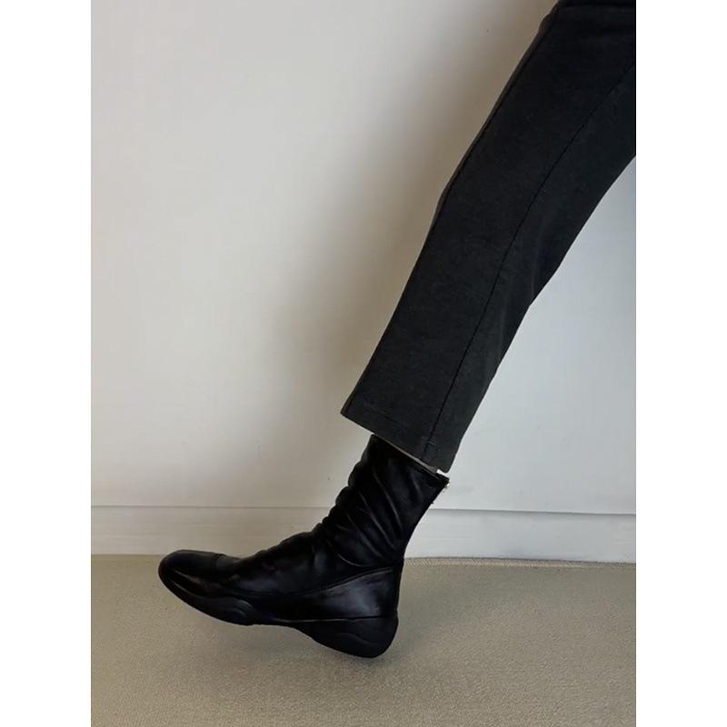 Cowhide Version~ Leather Round Head Thick Sole Retro Black Short Boots Women's Autumn and Winter Down Boots Elastic Thin Boots Martin Boots