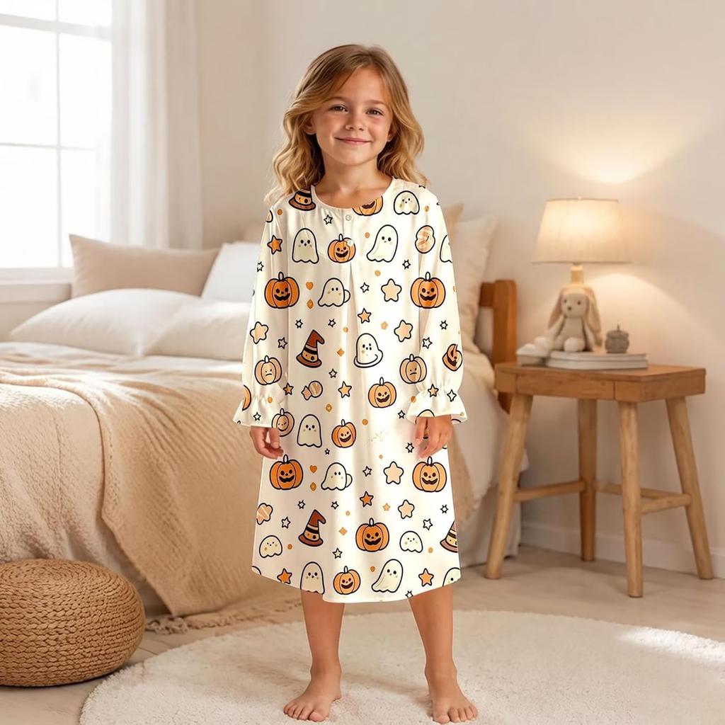 Girls Long Sleeve Print Nightgown Pajama Dress for Fall Winter Sleepwear and Loungewear