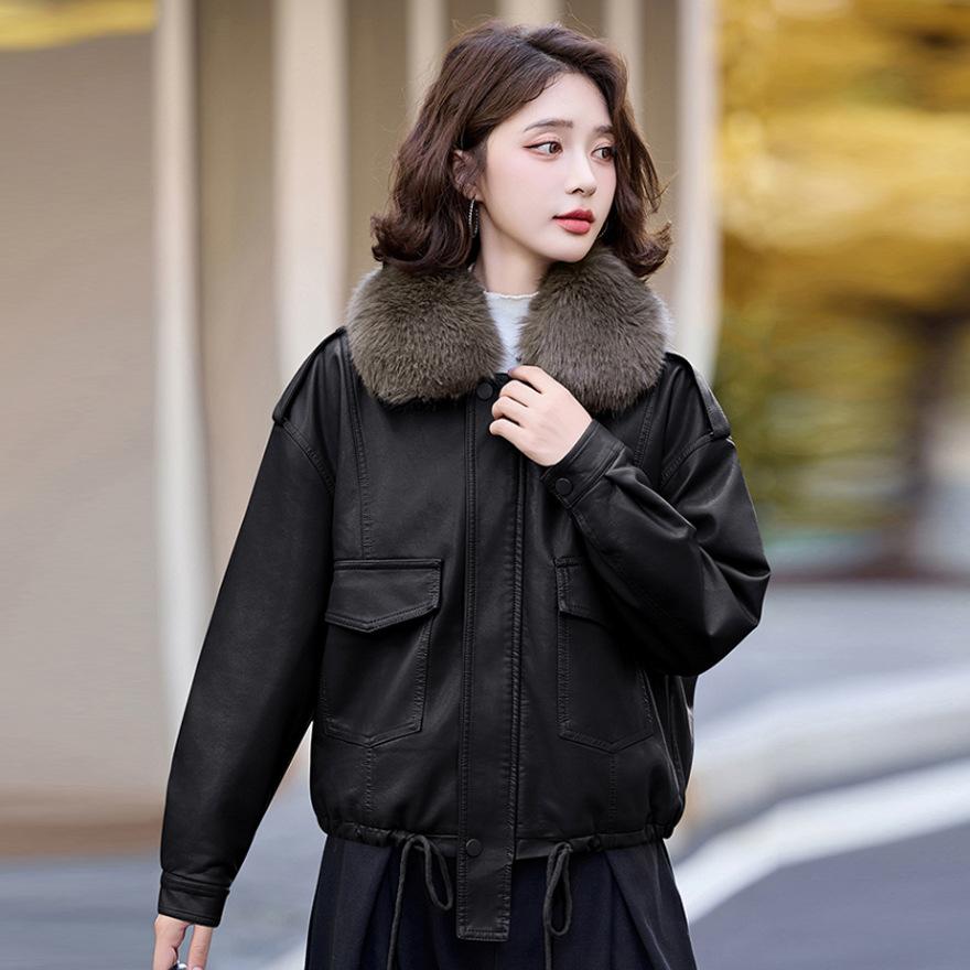 Fur collar plush leather jacket women's winter new short loose locomotive jacket leather jacket