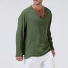 Fashion Shirt New Breathable Cotton and Linen Ethnic Men's Solid Color V-neck Long-sleeved T-shirt