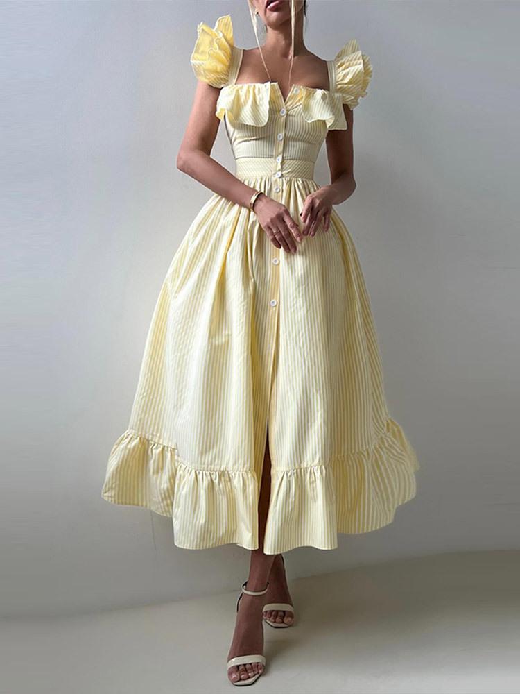 

Summer Square Collar Flying Sleeve Waist Cinched Mid Length Dress For Women S