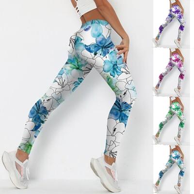 Womens Blue Line Flowers Prints Stretch Yoga Leggings Fitness Running Gym Sports Active Pants