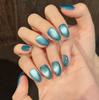 Glass Bead Cat Eye Almond Nails, Handmade Reusable Press On Nails, Solid Blue Color