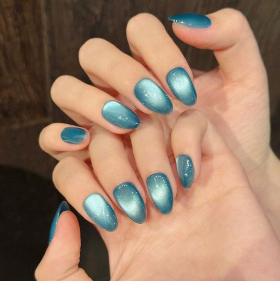 Glass Bead Cat Eye Almond Nails, Handmade Reusable Press On Nails, Solid Blue Color
