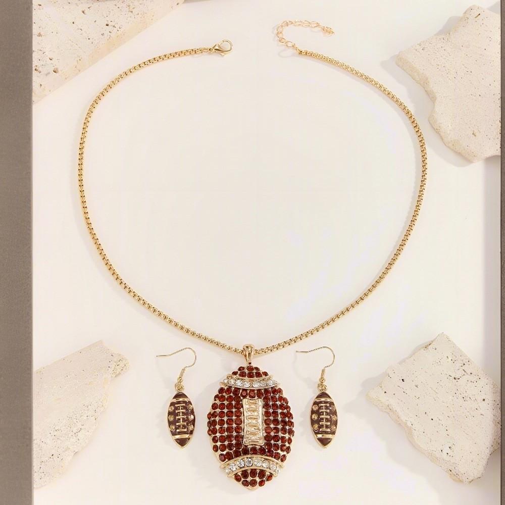 Sports Set Jewelry With Rhinestone Rugby Pendant And Earrings For Daily Wear Gifting And