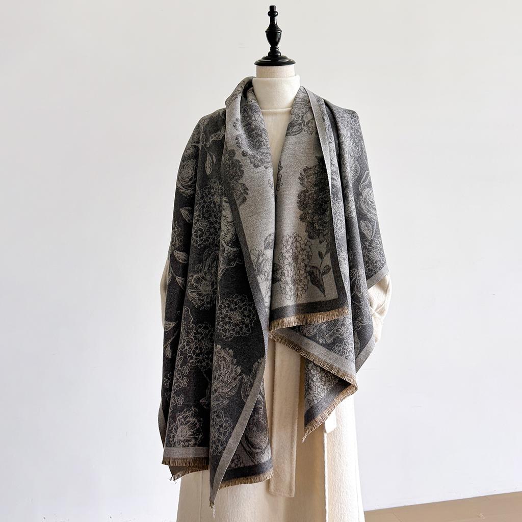 Elegant Floral Jacquard Pashmina Shawl for Women Winter Thick Warm Double Sided Tassel Design Coldproof Windproof Blanket Scarf