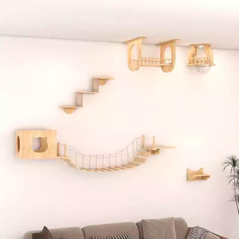Wall Mounted Wooden Cat Shelves Jumping Furniture Cat Climbing Tree Scratching Post Hammock Stairs Playing Climbing Frame