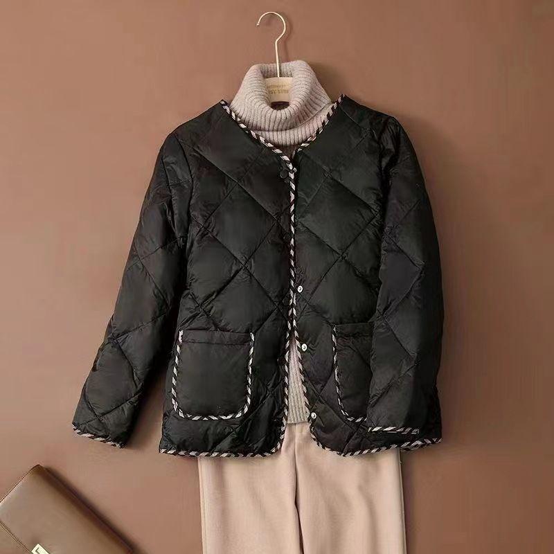 Kurze Baumwolljacke für Damen, Retro Rundhalsausschnitt, Herbst und Winter, Klassisches Karomuster