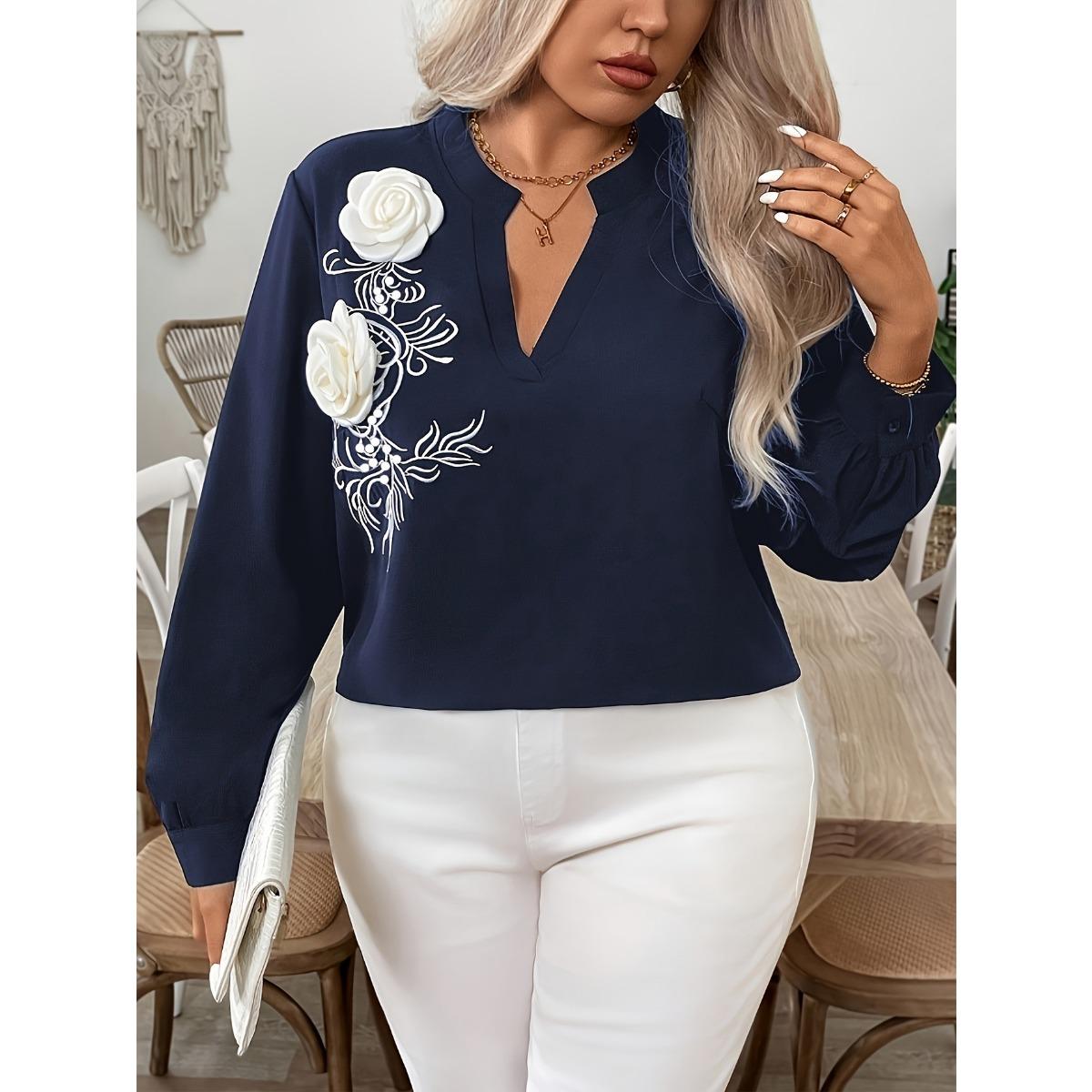 Fall Winter New V-neck Embroidered Flower Puff Sleeve Elegant Commuter Blouse 0XL тёмно-синий