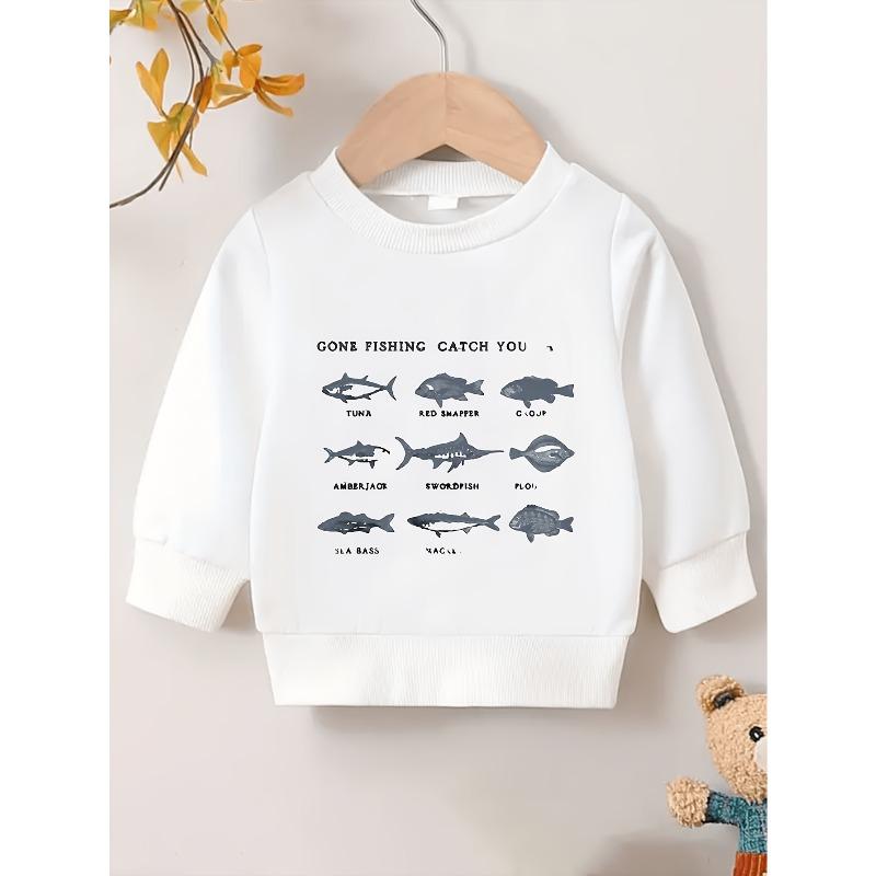 Kids Crewneck Pullover Sweatshirt, Various Fish Graphic Print 110 белый