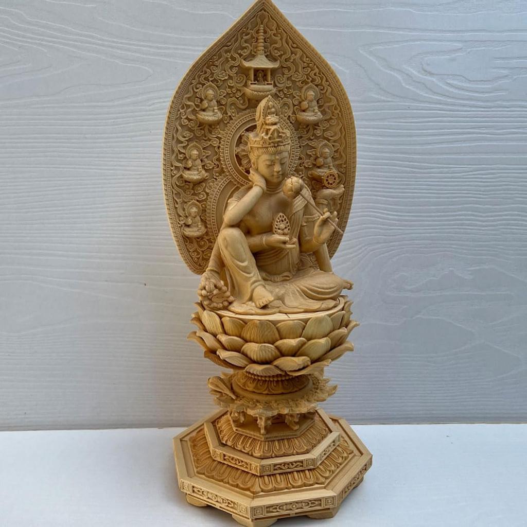Buddhist Nyoirin wood carving made from cypress total height wooden carved Buddha statue statue, Kannon, high-quality wood, 32cm,