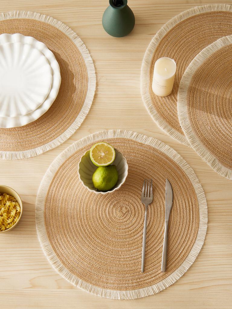4pcs/set Hot Selling Fringe Eco-friendly Household Non-Slip Morden Style Table Woven Placemats Polyester Round Mat coaster set