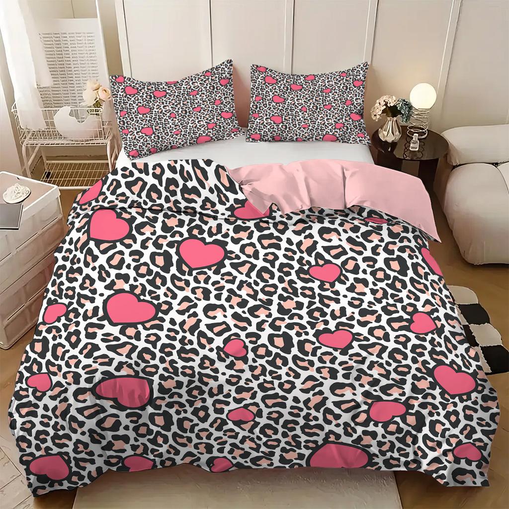 3pc Bedding Set Pink Leopard Print Love Print (1 Set +2 Pillowcases, No Core) Bedding Is Suitable for Warm Bedrooms and Rooms