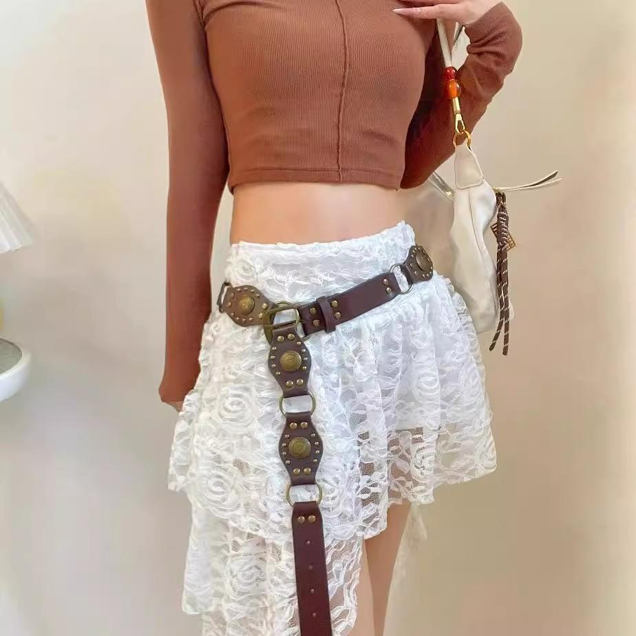 Western Cowboy Rivet Patchwork Leather Belt Retro Design for Women