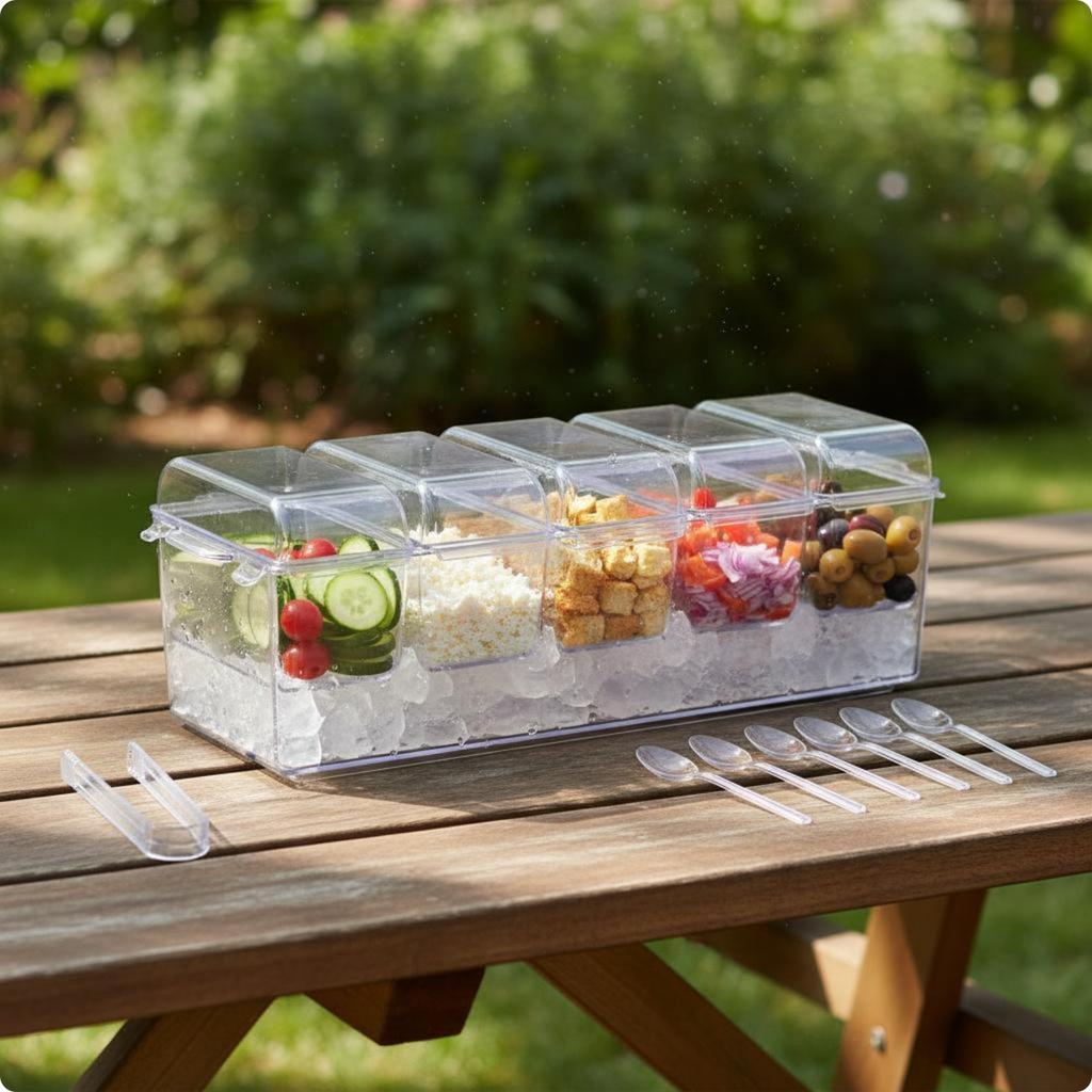 Portable Salad Container Crisp Keeping Chilled Fruit Container Compartment Tray Clear Plastic Picnic Ware Easy to Clean