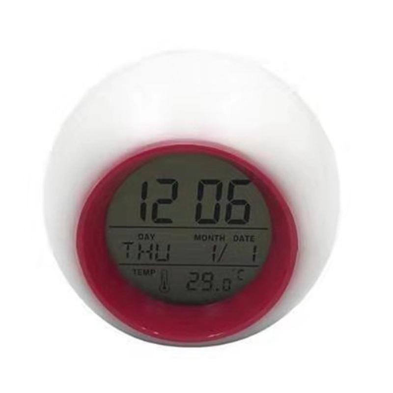 Multicolor LED Nightlight Alarm Clock with Calendar Temperature Display Battery Operated Round Shape Bedroom Essential