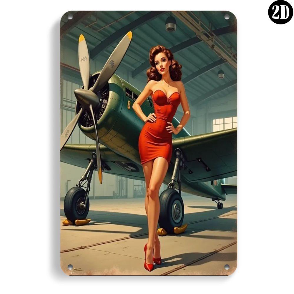 Vintage Metal Wall Art xin Retro Plane Lady Poster No Power Needed for Home Bar Cafe Garage Decor