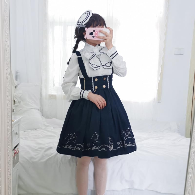 Lolita Long Sleeve Blouse High Waist Skirt Ribbon Tie Sailor Collar Claroli Costume Photo Shoot Cosplay Navy 4 Piece Set [Lady Lazy] (S)