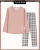 Women's Contrast Plaid Pajamas: Long Sleeve, Round Neck, Casual Loose Pants, Perfect for Spring and Autumn, Suitable for Home or Outdoor Wear.