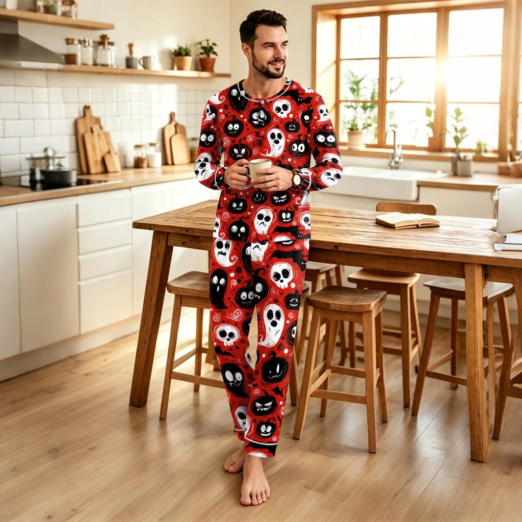 Men's Halloween Print Loose Fit Pajama Set for Casual Sleepwear