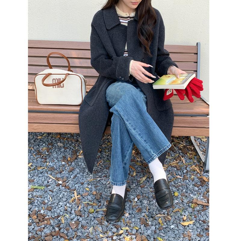 

Стильное асимметричное шерстяное пальто на пуговицах - Вдохновлено корейской драмой Medium черный серый