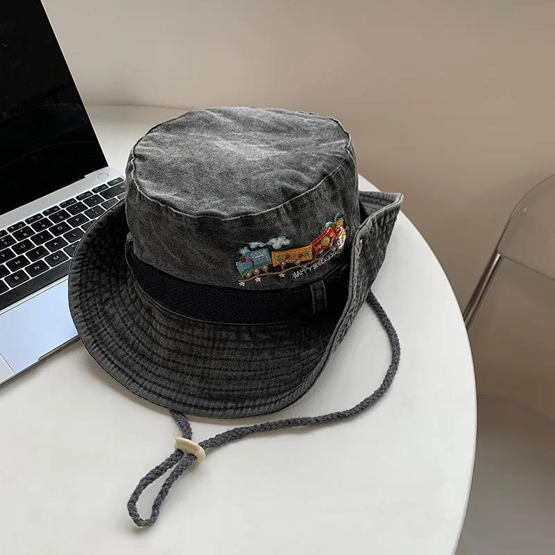 Retro Washed Cotton Fisherman Caps for Women Outdoor Hiking Mountaineering Sun Hats Wide Brim Sunshade Western Cowboy Caps