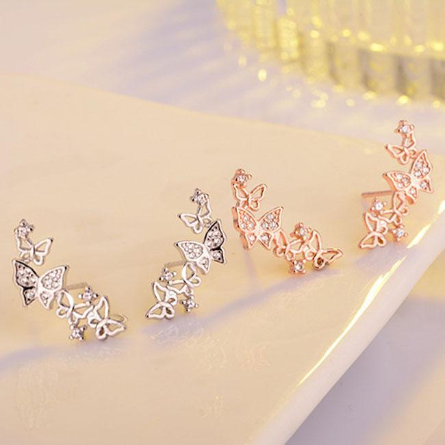 Silver Plated CZ Butterfly Ear Climber Earrings, Sparkling Multi-Butterfly Crawler Studs for Women