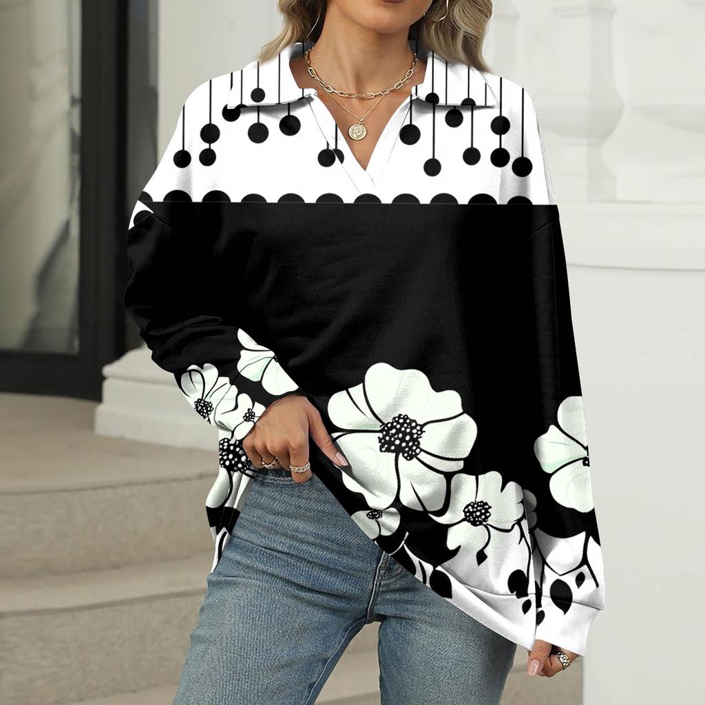Women's Summer Fashion Casual  Printed V-Neck Long Sleeve Shirt Top