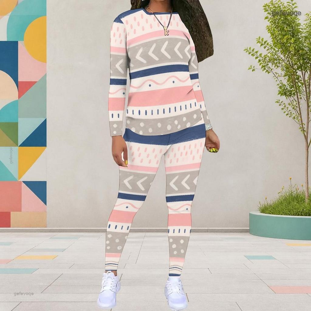 Women Plus Size Cream White Printed Round Neck Long Sleeve Top And Fitted Pants Two Piece Set