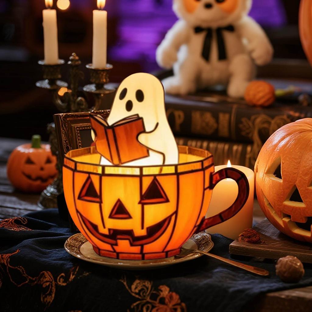 Halloween Ghost Reading Lamp Resin Night Light Decor Cute Led Ghost Pumpkin Cup Nightlight For Readers Halloween Decor Gift