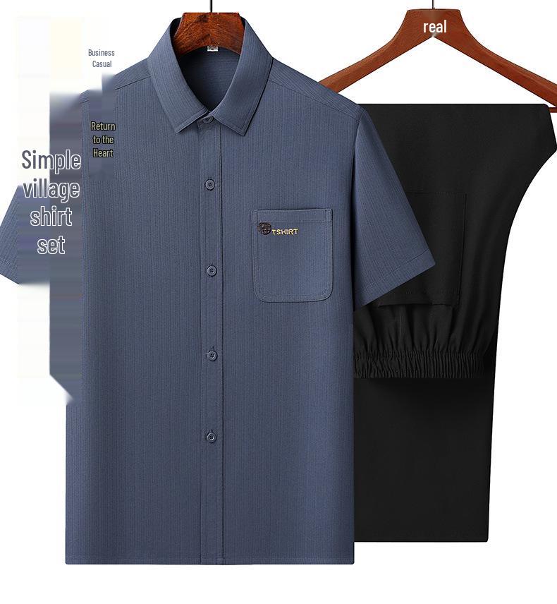 Men's Ice Silk Summer Short-Sleeve Shirt Set for Middle-Aged and Elderly