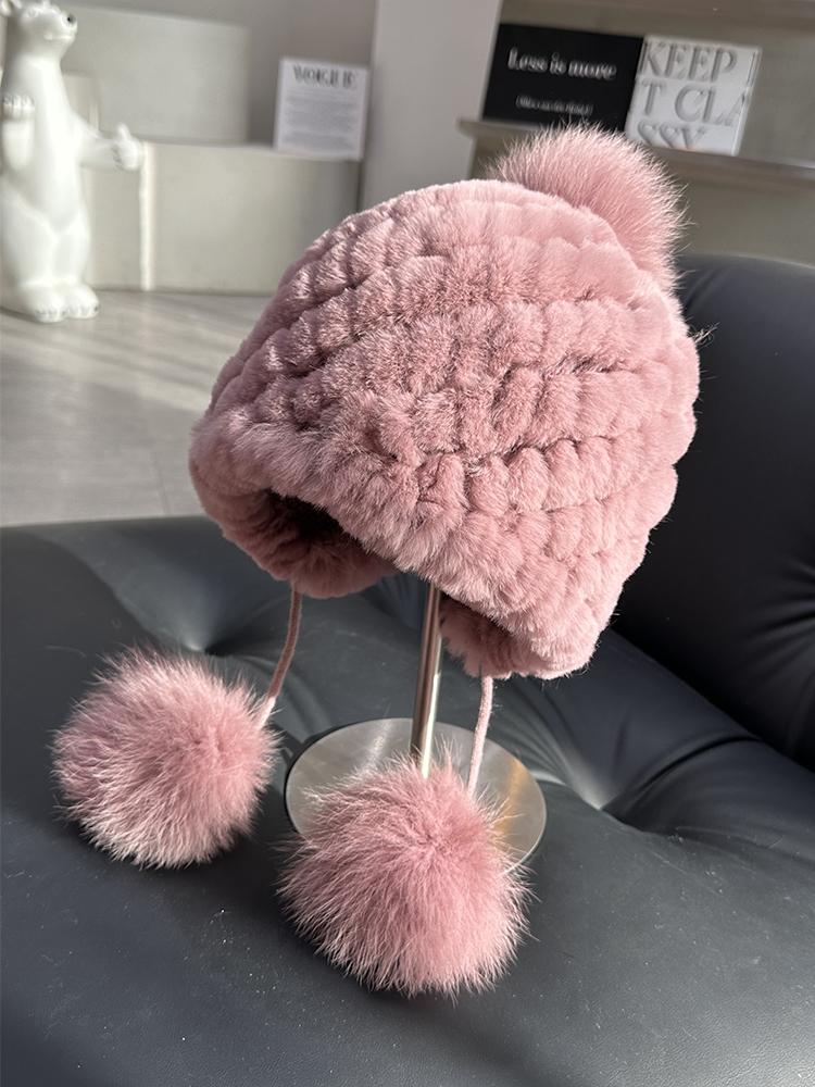 

Защитная шапка из лисьего меха кролика Рекса, шапка Lei Feng, симпатичная шапка для езды на велосипеде в холодную погоду, теплая флисовая вязаная шапка, шерстяная шапка One size [elastic]