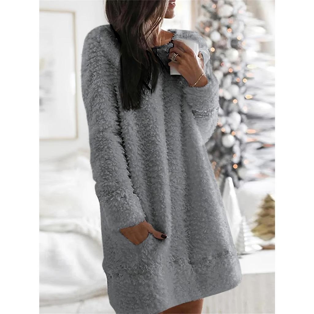 Damen Samt Schlafkleid - Bequemer Winter Hausmantel mit Tasche, Rundhalsausschnitt Einfarbig Maschinenwaschbar Freizeitkleidung, Weich Gestrickt Indoor