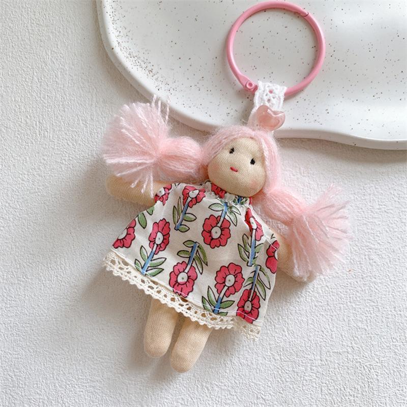Cute Cartoon Doll In Floral Dress Keychain For Woman Girls Pendant Bag Decor Braid Accessory Fabric Toy Keyring Decoration