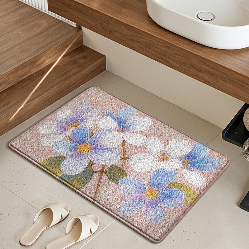 Floral Bath Mat Non-Slip Absorbent Quick Dry, Thick Sponge Bathroom Carpet, Small Fresh European Style Floor Rug for Bath Decor