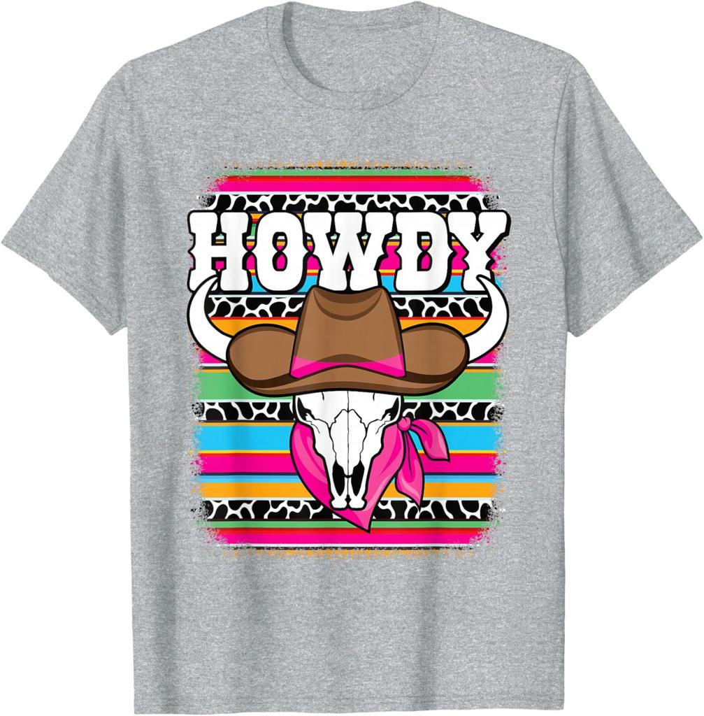 Howdy Cow Skull Western Rodeo Graphic Tee Breathable Short Sleeve Casual T-Shirt for Women