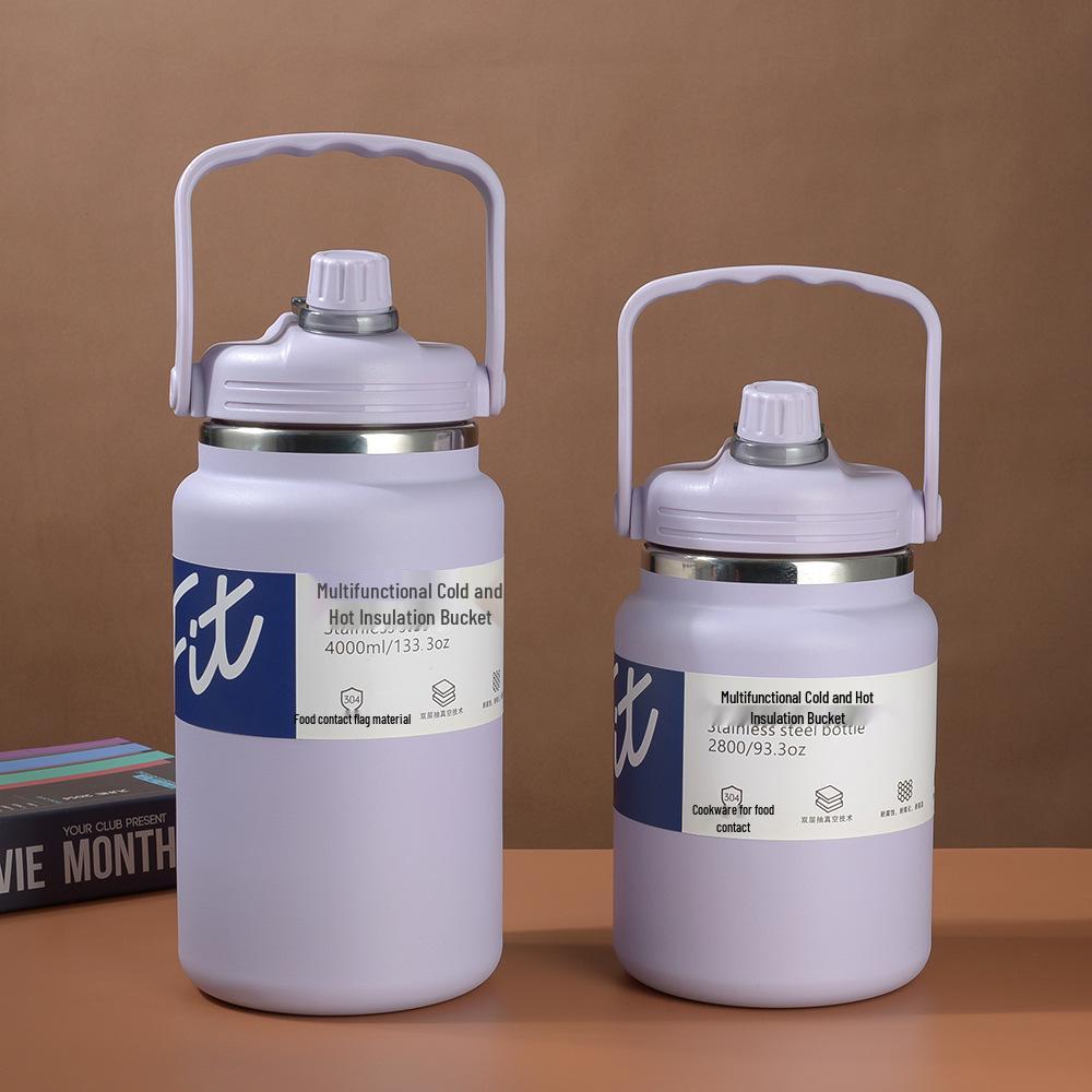 4L Stainless Steel Ice Bucket with Handle - Large Capacity Thermos Flask Cooler and Straw Water Bottle Combo