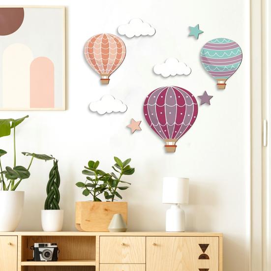 9 Pcs Hot Air Balloon Wooden Wall Sign Boho Nursery Wall Art Stars Clouds Balloons Wall Sculpture for Kids Bedroom Playroom Home Decor