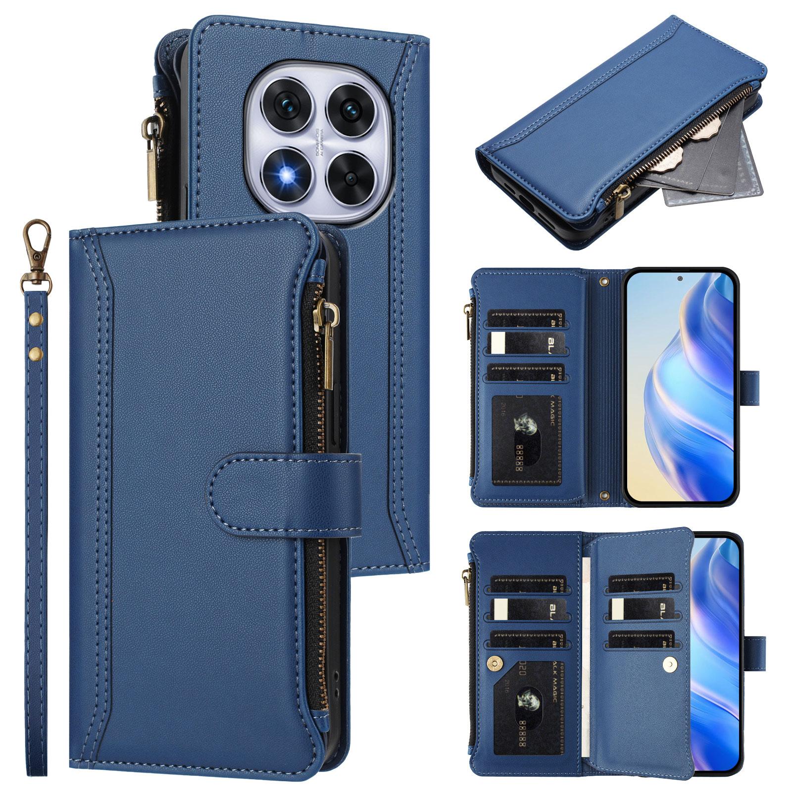 

For Xiaomi Redmi Note 14 Pro 4G Leather Case 9 Card Slots Zipper Wallet Stand Phone Cover with Wrist Strap Lake Blue