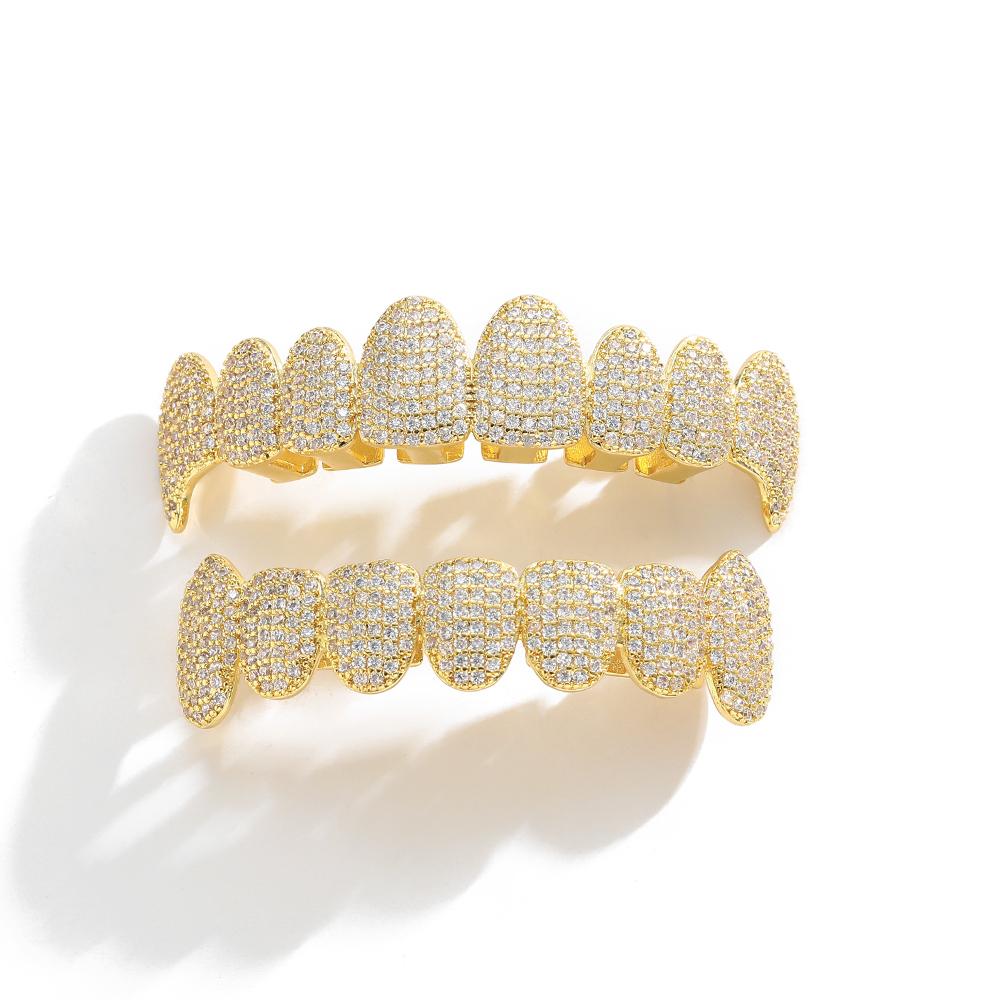 G001 Grillz de Hip Hop para Hombres y Mujeres Iced Out Latón Plateado/Dorado Brillante Juego Superior e Inferior Regalo