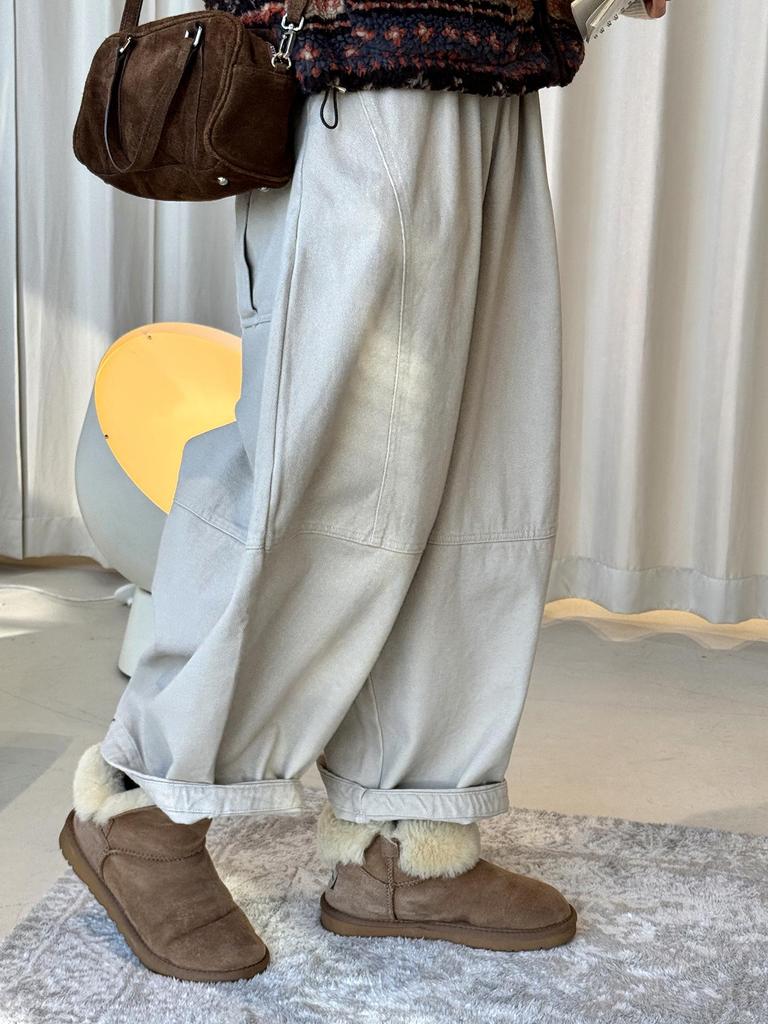 Louvre Winter Japanese Style Elastic Fleece Wide-Leg Balloon Pants - Women's Relaxed Fit