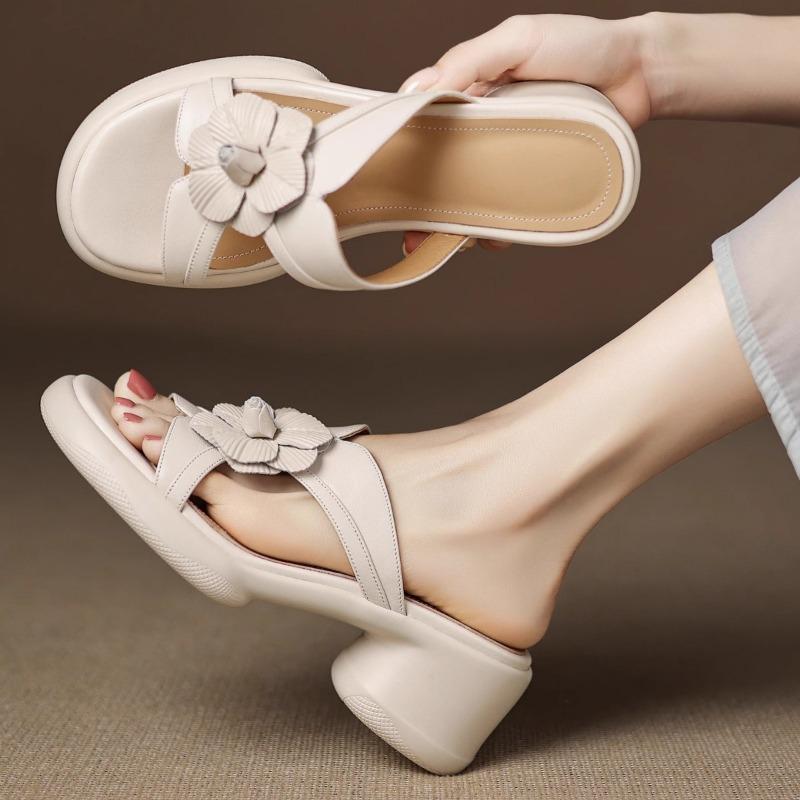 Summer New Soft Leather Thick Heel Silver Open-toed Cross-strapped Sandals Women's High-heeled Waterproof Table Flower Women's Shoes