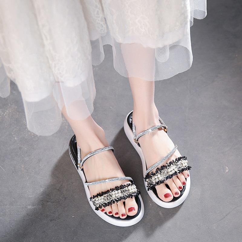 New Flat Rhinestone Shoes with Flip-flops Thick-soled Wedge Heels for Ladies