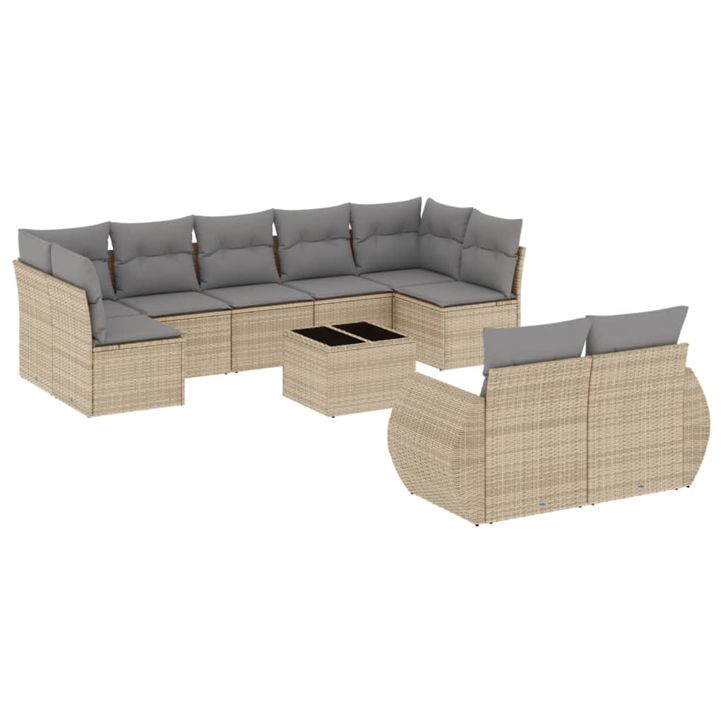 Vidaxl 10-Cz. Garden Furniture Set With Cushions, Beige, Poly Rattan