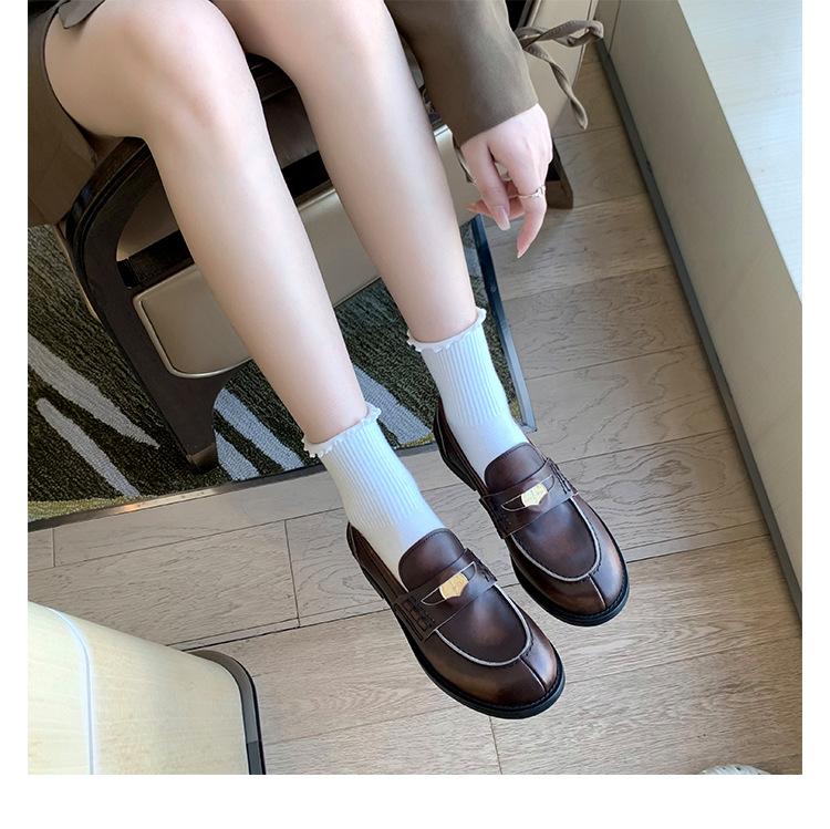 Sheepskin~ Small Gold Buckle Genuine Leather One-pedal Lazy Loafers Women's Polished Retro Old Thick-soled British Small Leather Shoes