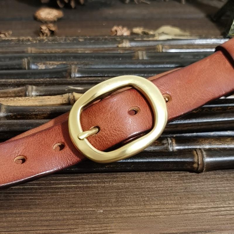 Women's Korean-Style Leather Belt Vintage Crumpled Trendy Brass Buckle Genuine Leather New Pure Cowhide All-Matching Jeans Belt