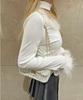 WEGO PHILLY Faux Fur Piping Long Sleeve Korean Size White T-Shirt, Style, Girly, Casual, Gift, Spring, Autumn, Winter, Women's, F,