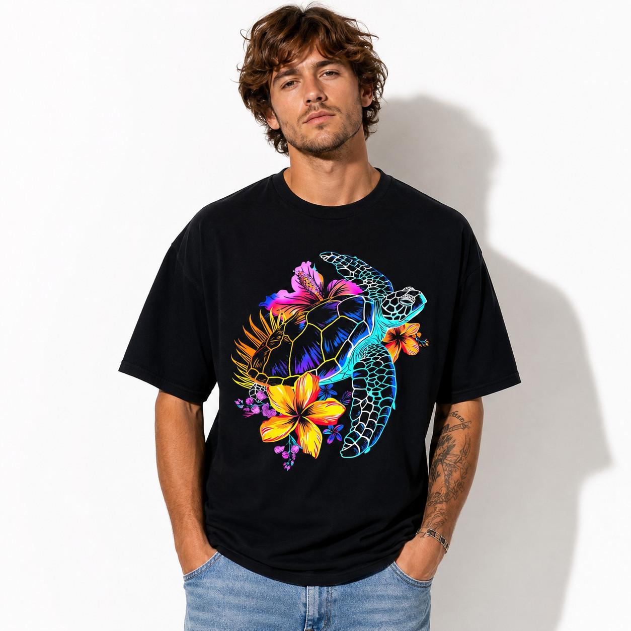 Vintage Hawaiian Sea Turtle Hibiscus Graphic Men’s T-Shirt Tropical Beach Tee L